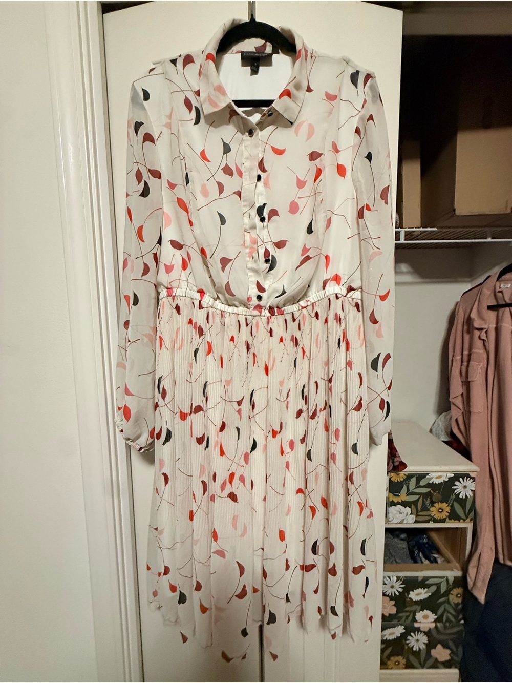 Pleated White Long-Sleeve Shirt Dress with Coral and Black Leaf Print